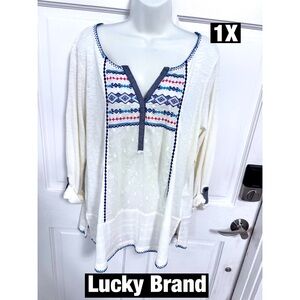 Lucky Brand Plus Sz Embroidered Tunic  with rolled Sleeves